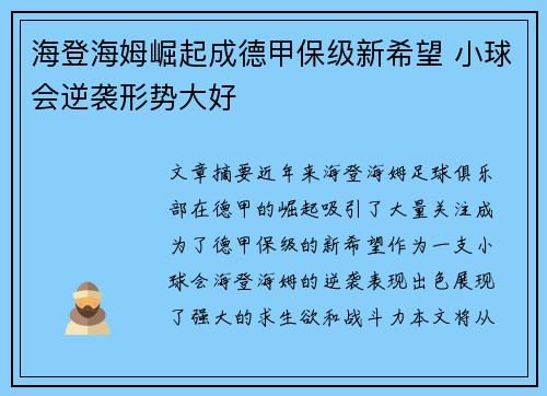 海登海姆崛起成德甲保级新希望 小球会逆袭形势大好